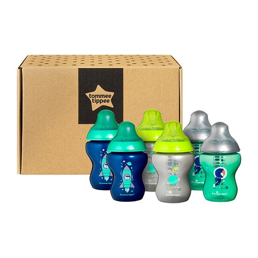 Set 6 biberoane Closer to Nature Ecomm, Baietei Haiosi Multicolor, 260 ml, 0 luni+, Tommee Tippee