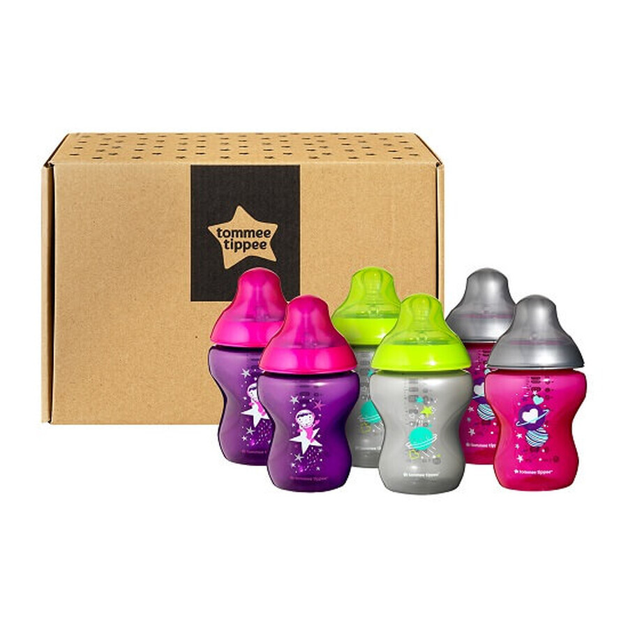 Set 6 biberoane Closer to Nature Ecomm, Fetite Haioase Multicolor, 260 ml, 0 luni+, Tommee Tippee