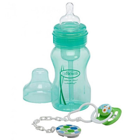 Set biberon verde cu lanț și suzetă, nivelul 1, 240 ml, WB916, Dr. Browns