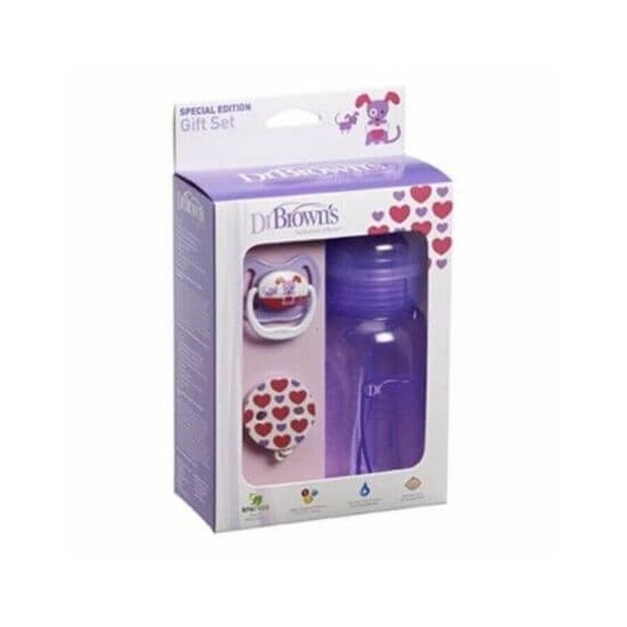 Set biberon violet cu lant si suzeta, nivelul 1, 240 ml, Dr. Browns