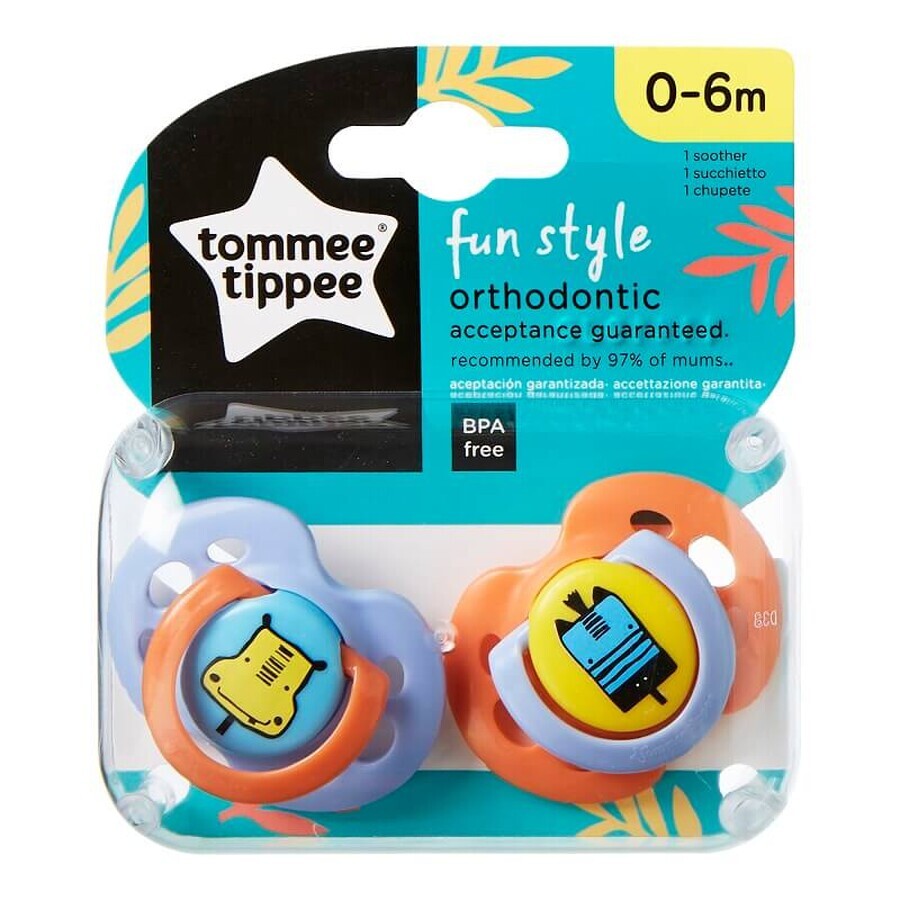 Set Suzete ortodontice de zi model Hipopotam/Girafa, Fun Style, 0-6 Luni, 2 buc , Tommee Tippee