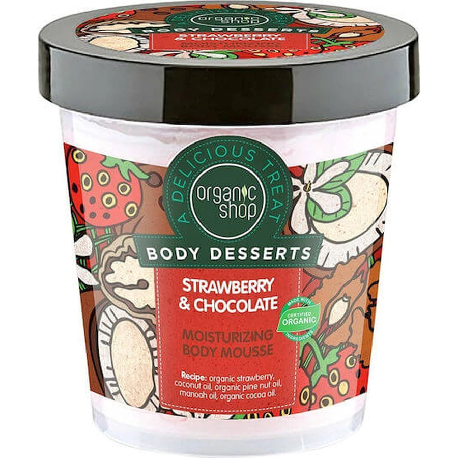 Organic Shop Mousse hydratante pour le corps à la fraise et au chocolat pour les peaux très sèches 450ml