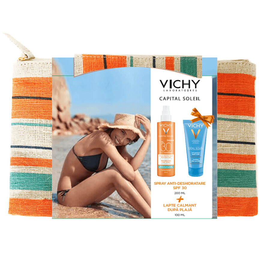 Spray anti-deshidratare Capital Soleil SPF30, 200 ml, Vichy + Lapte calmant după plajă Ideal Soleil, 100 ml, Vichy