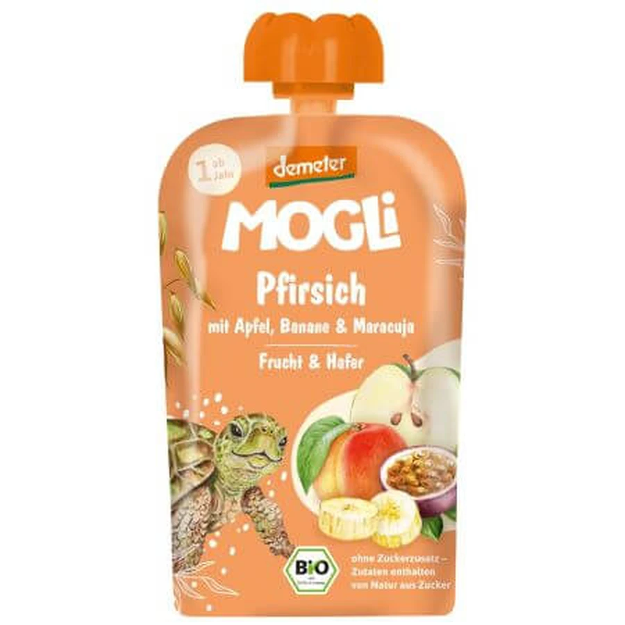 Biologische puree met perziken, bananen, appels, passievrucht en haver, 1 jaar+, 100 g, Mogli