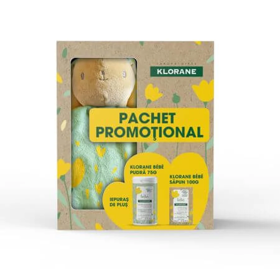 Klorane Bebe Bebé Polvos Protectores 75 g + Jabón sólido bio para cuerpo y cabello 100 g + Conejito de peluche Klorane Bebé