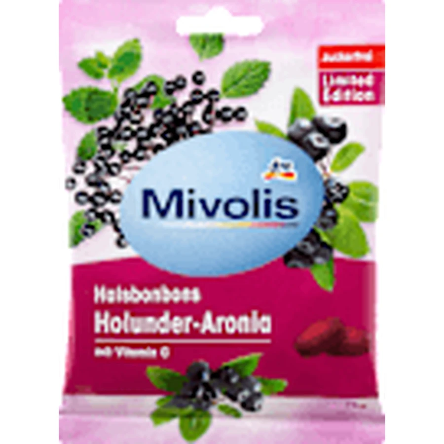 Mivolis Zuckerfreie Halsbonbons mit schwarzer Johannisbeere und Aronia, 75 g