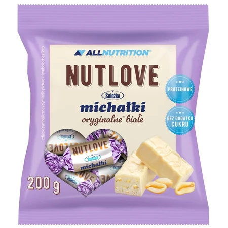 Allnutrition Nutlove Śnieżka Michałki Białe, bonbons aux cacahuètes dans un glaçage blanc, sans sucre ajouté, 200 g