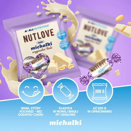 Allnutrition Nutlove Śnieżka Michałki Białe, bonbons aux cacahuètes dans un glaçage blanc, sans sucre ajouté, 200 g