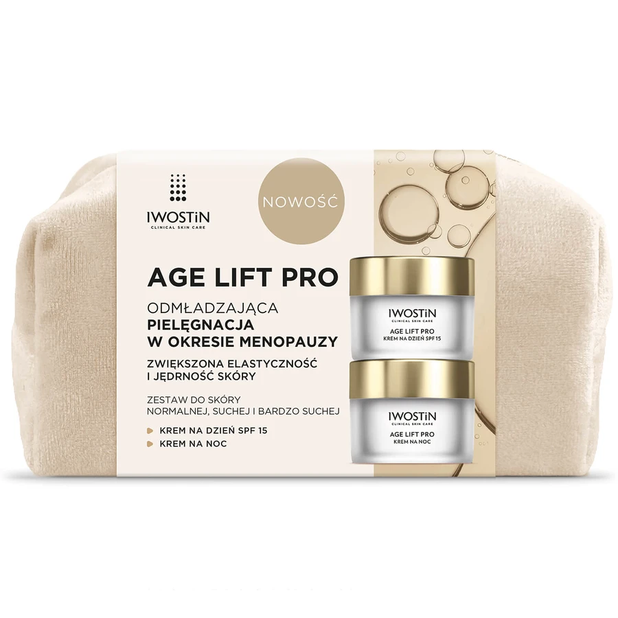 Set Iwostin Age Lift Pro, cremă de zi, SPF 15, 50 ml + cremă de noapte, 50 ml + geantă cosmetică gratuită