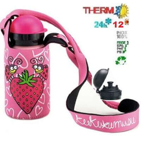 Termos Hit inox cu ventil Sport, capac cu filet și husa neopren Căpsunica, 350ml, Laken