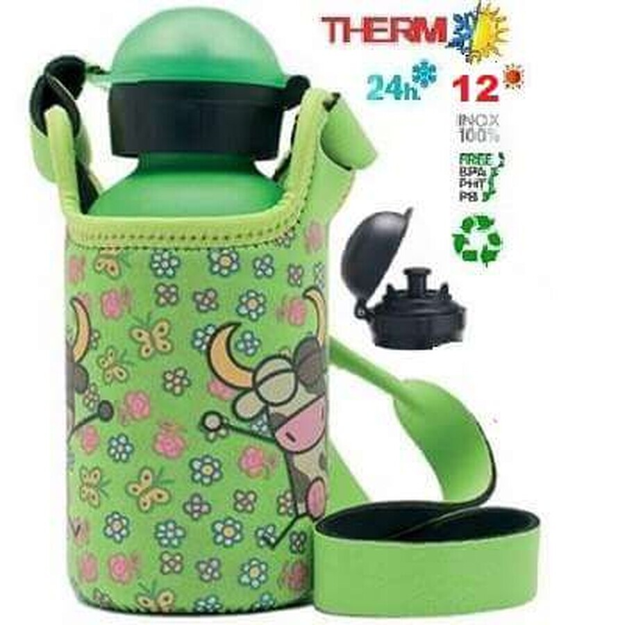 Termos Hit inox cu ventil Sport, capac cu filet si husa neopren Verde, 350ml, Laken