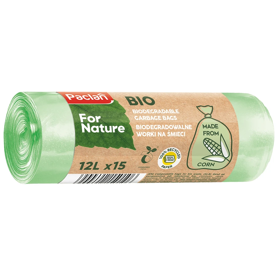Paclan For Nature, biologisch afbreekbare afvalzakken,12 l x 15 stuks