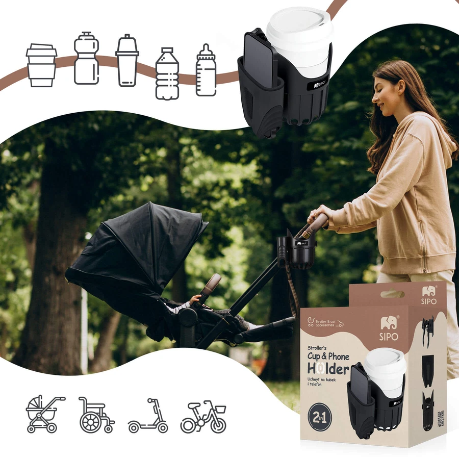 Sipo, universal cup and phone holder 2-in-1 for baby stroller, black, 1 piece