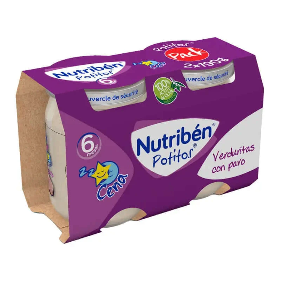 Nutribén Pack Potito Cena Verduras con pavo, 2X190 gramos