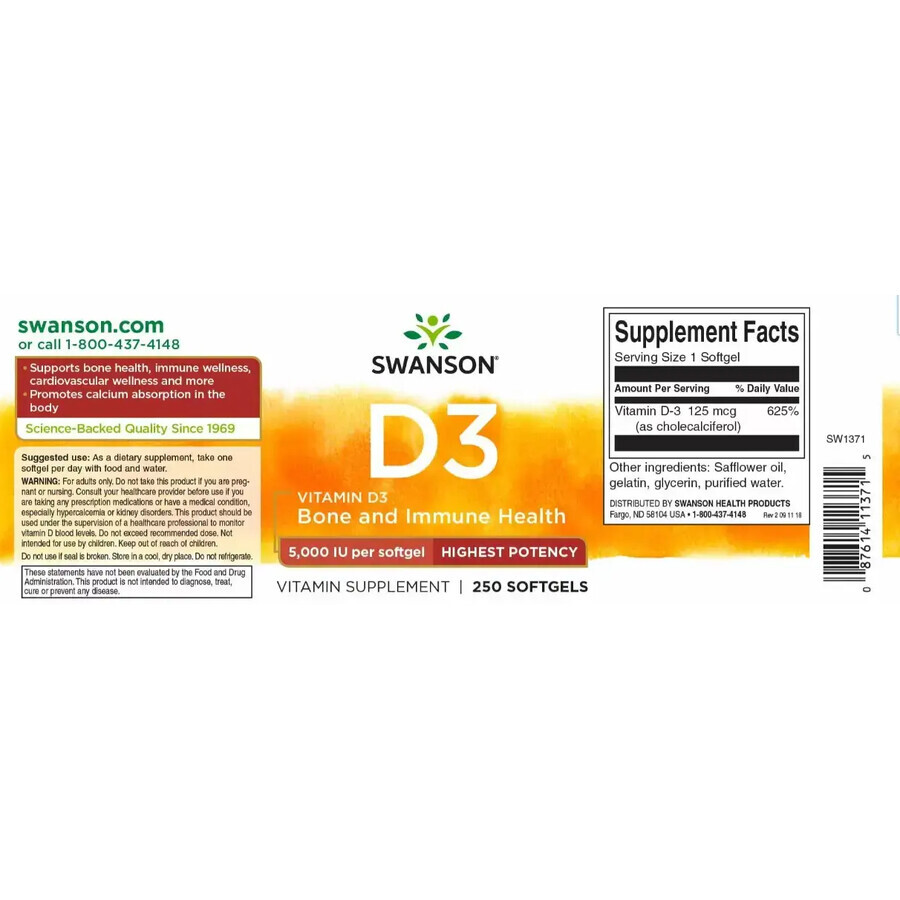 Vitamin D3 5000IU, 250 Kapseln, Swanson