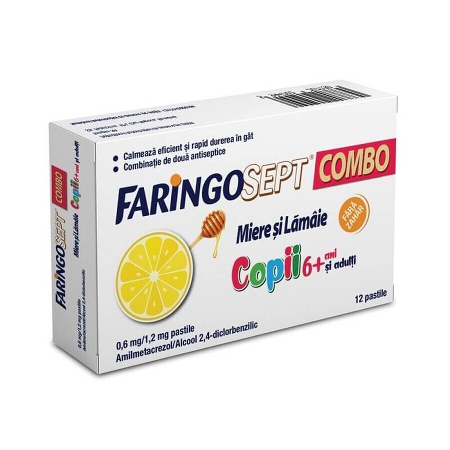 Faringosept Combo Miere şi Lămâie 0,6 mg/1,2 mg, copii 6+ si adulti, 12 pastile, Terapia
