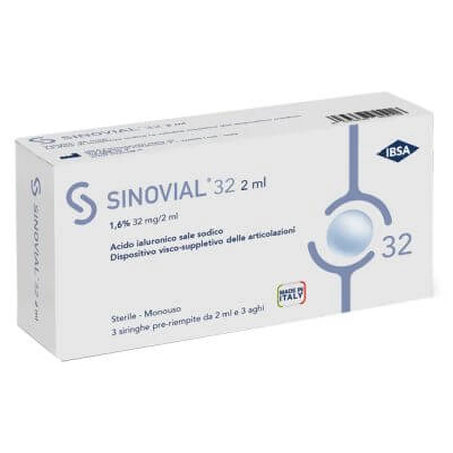 Seringă intraarticulară SINOVIAL 32 acid hialuronic 1,6% 32 mg/2 ml 1 fs + ac calibru 21 3 buc.