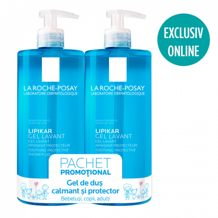 Pachet Gel de dus calmant si protector Lipikar, 750 ml + 750 ml, La Roche-Posay