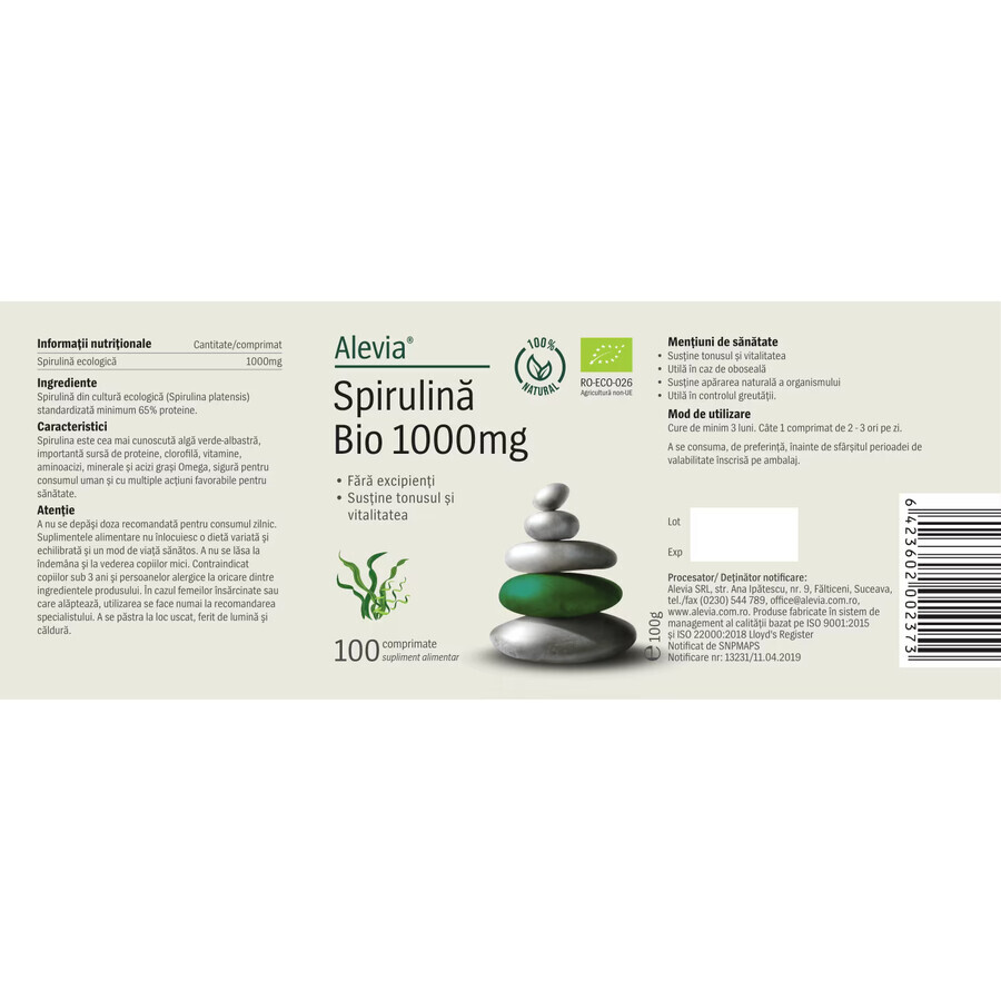 Spirulină Bio 1000 mg, 100 comprimate, Alevia