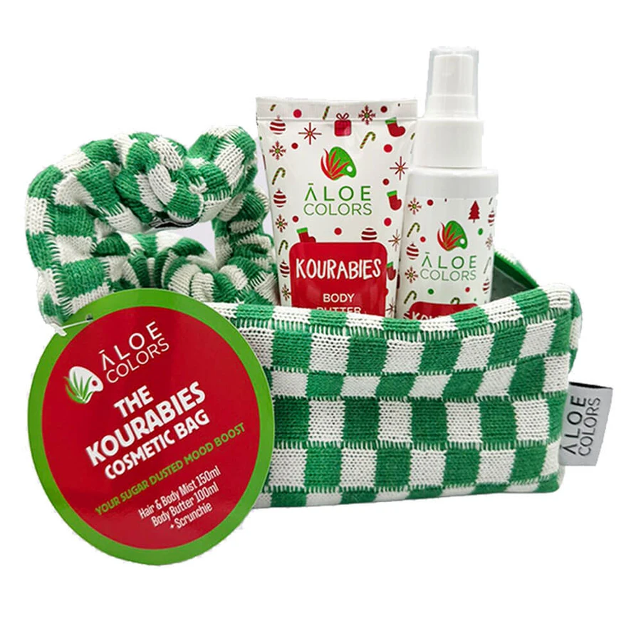 Neceser Aloe+ Colors The Kourabies con Bruma Corporal y para el Cabello 150ml, Manteca Corporal 100ml y Coletero