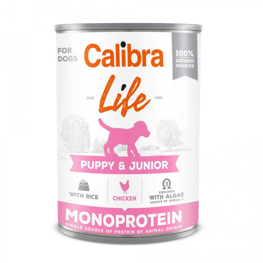 CALIBRA Life Puppy&Junior, XS-XL, Poulet et Riz, nourriture humide monoprotéique en conserve pour chiens juniors, (pâté), 400g