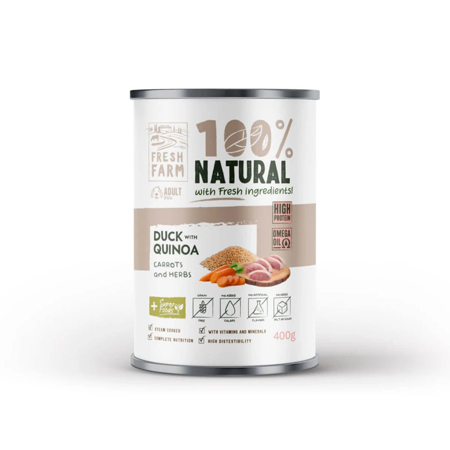 FRESH FARM Coarse, XS-XL, Canard et Quinoa, nourriture humide en conserve sans céréales pour chiens, (pâté), 400g