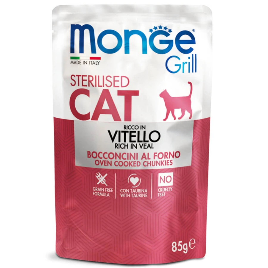 MONGE Grill Sterilized, Calf, saszetka mokrej karmy bez zbóż dla kotów sterylizowanych, otyłych, z wybrednym apetytem, (w galarecie), 85g: ceny i cechy