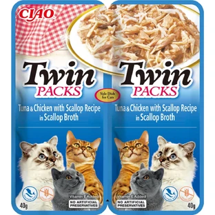 INABA Ciao Twin Packs, Tonijn, Kip en Sint-Jakobsschelpen, zakje vochtig graanvrij kattenvoer, (topping), 80g