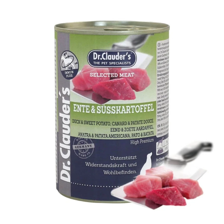 DR. CLAUDER'S Carne Selezionata, XS-XL, Anatra e Patate Dolci, cibo umido per cani in scatola senza cereali, (nel suo succo), 400g