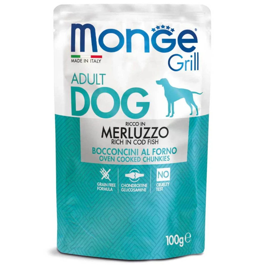 MONGE Grill, XS-XL, Kabeljau, Beutel mit feuchtem Hundefutter, (im eigenen Saft), 100g
