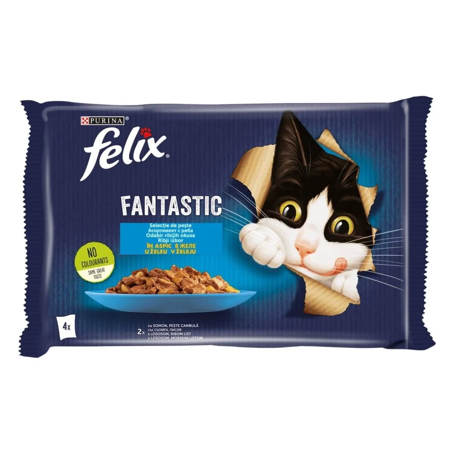 PURINA Felix Fantastic, 2 Geschmacksrichtungen (Lachs und Fisch Cambula), Mischpackung, Beutel Katzennassfutter, (in Aspik), 85g x 4