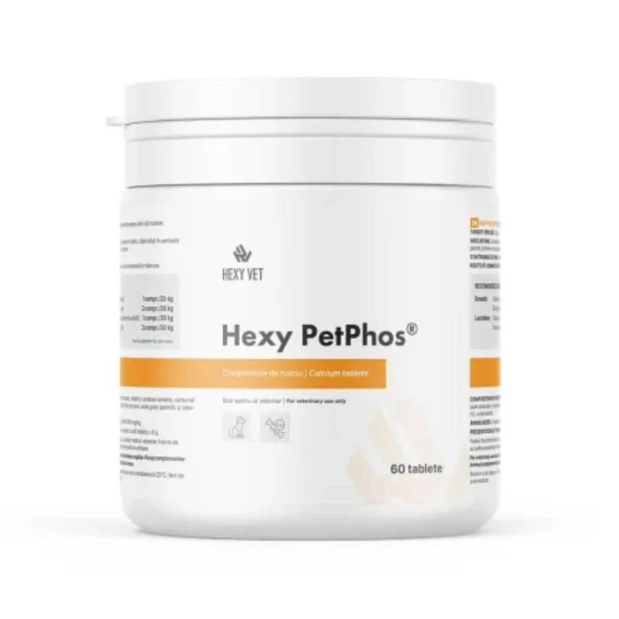 HEXY VET Hexy PetPhos comprimate de calciu, XS-XL, supliment sistem osos câini, flacon, 60 comprimate