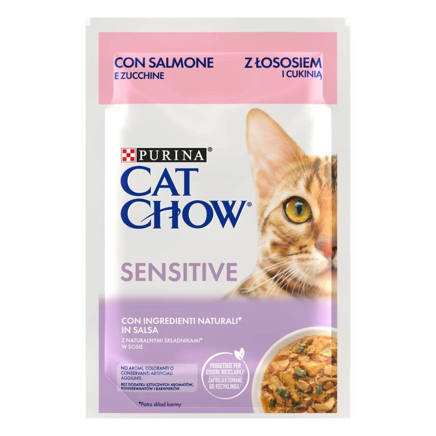 PURINA Cat Chow Sensitive, Zalm en Pompoen, zakje nat kattenvoer, spijsverteringsstelsel, (in saus), 85g