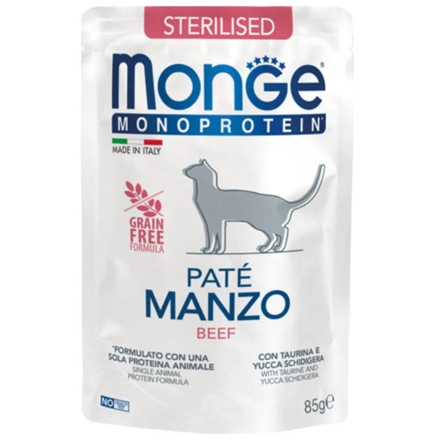 MONGE Monoprotein Sterilized, Wołowina, saszetka jednobiałkowa karma mokra, bezzbożowa, dla kotów sterylizowanych, (pasztet), 85g: ceny i cechy