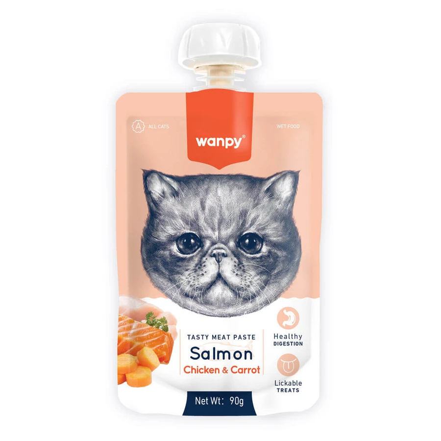 WANPY Tasty Tasty pâte de viande, saumon et poulet, sac de récompense pour chat, (purée), 90g