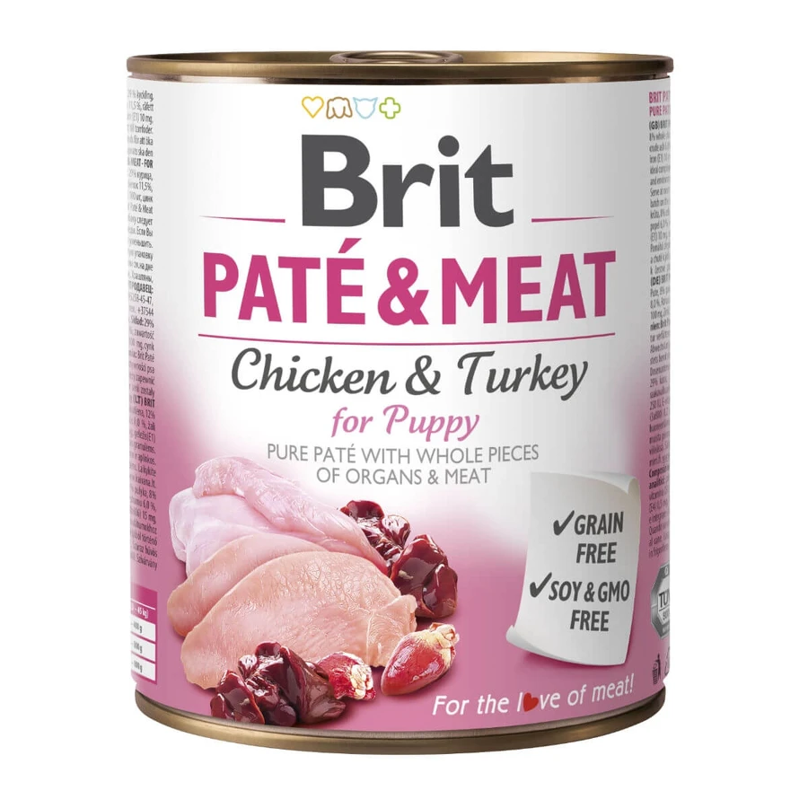 BRIT Pate and Meat Puppy, XS-XL, poulet et dinde, nourriture humide en conserve pour chiens juniors, (pate), 800g
