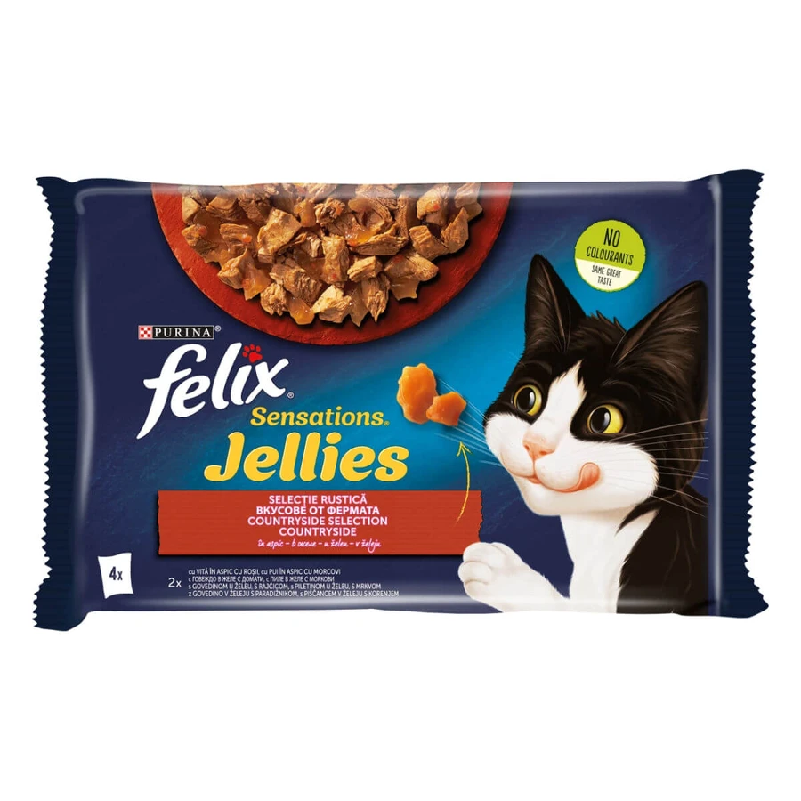 PURINA Felix Sensations, 2 sabores (Ternera y Pollo), envase mixto, bolsita comida húmeda para gatos, (en aspic), 85g x 4