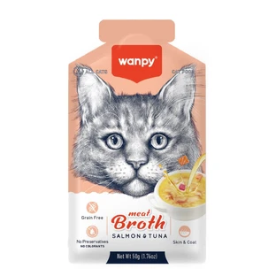 WANPY Meat Broth, Somon și Ton, plic hrană umedă pisici, (topping), 50g