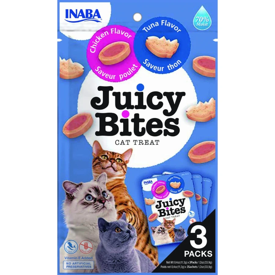 INABA Churu Juicy Juicy Bites, Atún y Pollo, bolsa de recompensa para gatos sin cereales, semi-pequeña, 33,9g