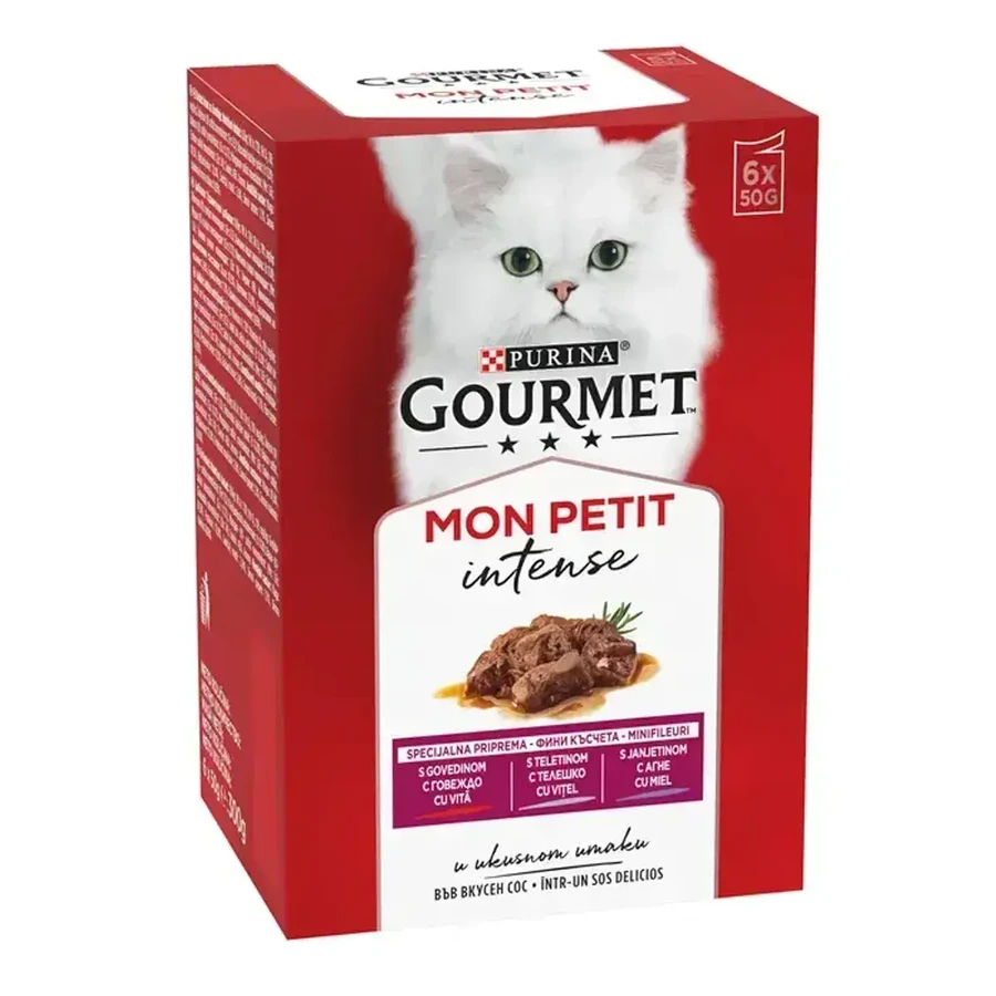 PURINA Gourmet Mon Petit, 3 smaken (Rundvlees, Kalfsvlees, Honing), gemengde verpakking, zakjes nat kattenvoer, (in saus), 50g x 6