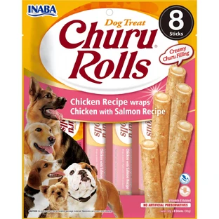 INABA Churu Rolls, XS-XL, Chicken and Salmon, grain-free reward pouch for dogs, semi-homemade, 92g