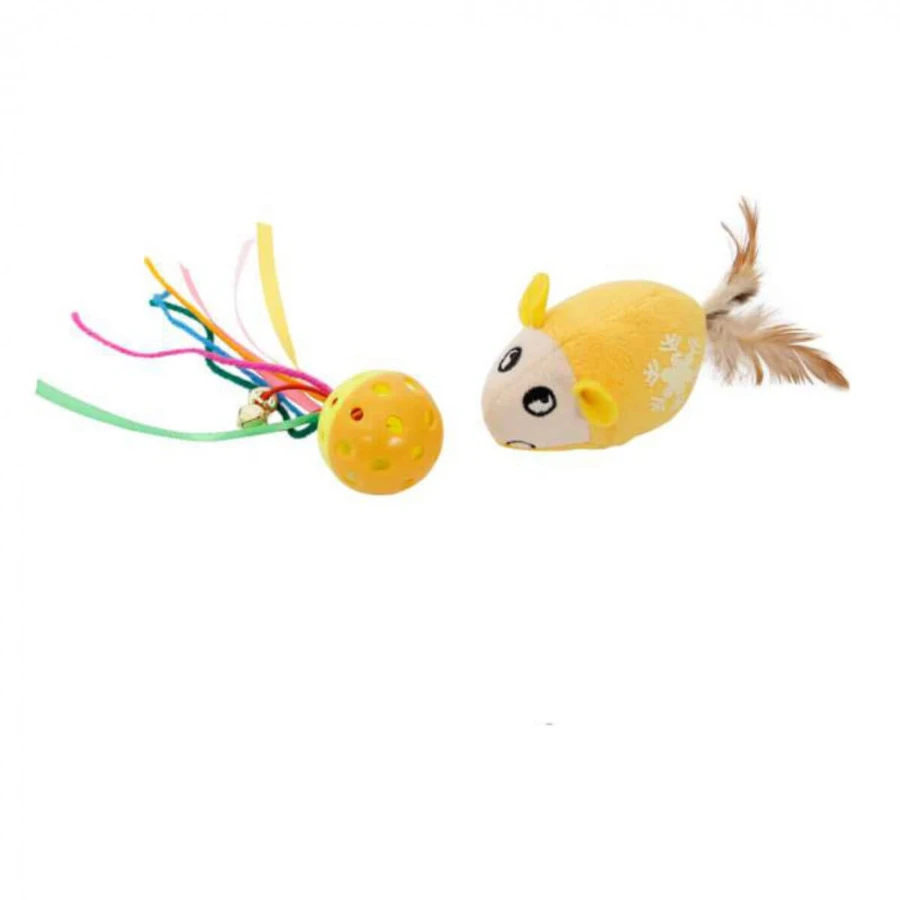 MON PETIT AMI Juego de ratón y pelota, juguete de estimulación para gatos, textil, amarillo, 2pcs, amarillo