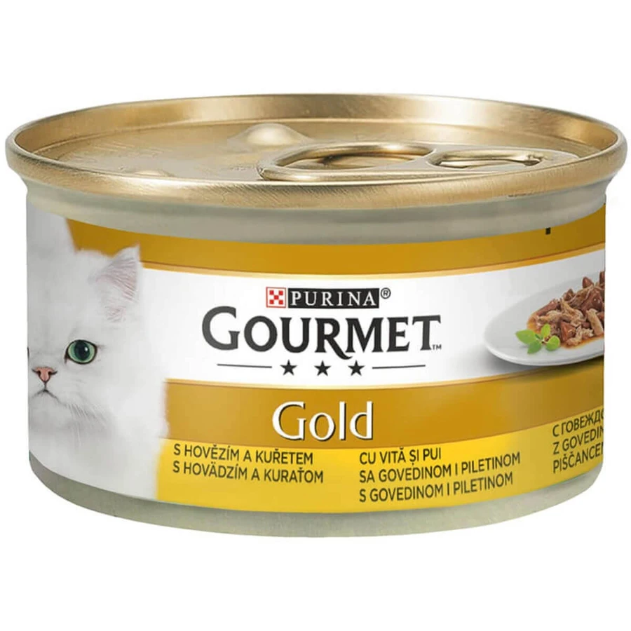 PURINA Gourmet Gold Duo, Ternera y Pollo, comida húmeda en lata para gatos, (en salsa), 85g
