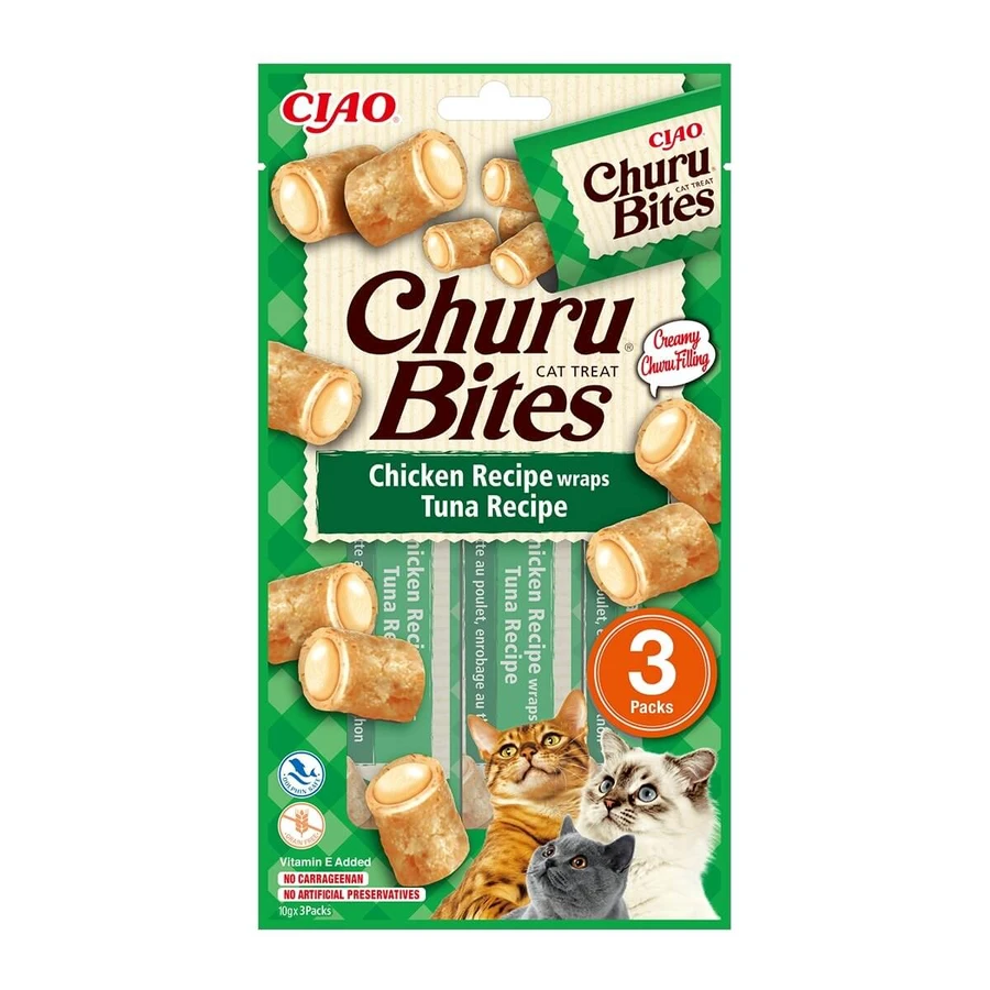 INABA CIAO Churu Bites, Huhn und Thunfisch, getreidefreie Katzenleckerbissen, gefüllte Pellets, 10g x 3
