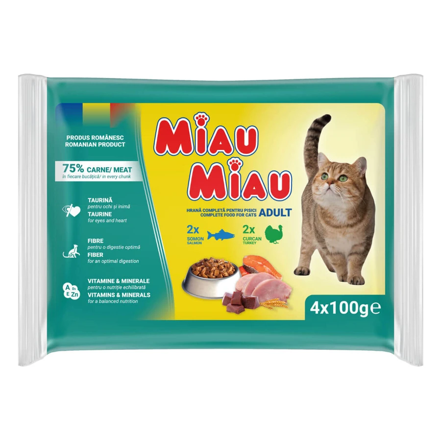 MIAU MIAU Gemengd, Kalkoen en Zalm, zakje vochtig kattenvoer, (in saus), multipack, 100g x 4st