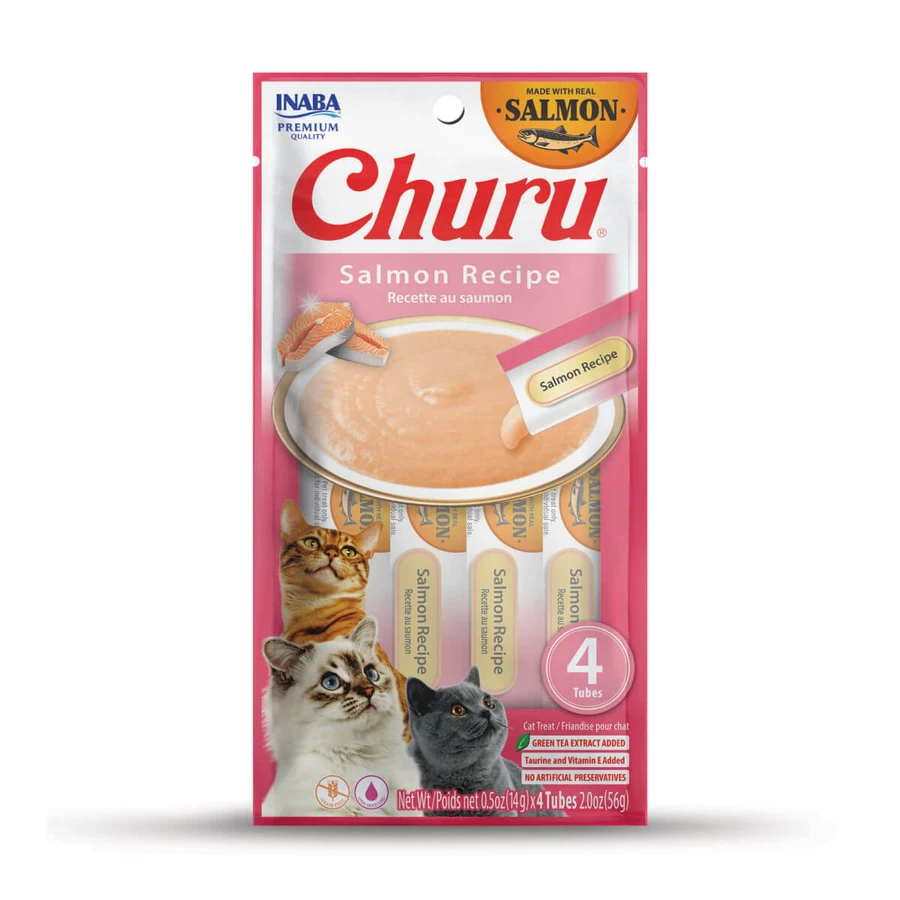INABA Churu Cremoso Churu, Salmón, bolsita recompensa gatos sin cereales, (puré), 56g