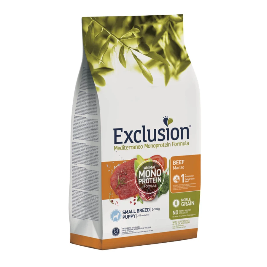 EXCLUSION Mediterraneo Mediterraneo Monoprotein Puppy Small Breed, XS-S, Beef, alimento seco monoproteico para perros junior, 2kg