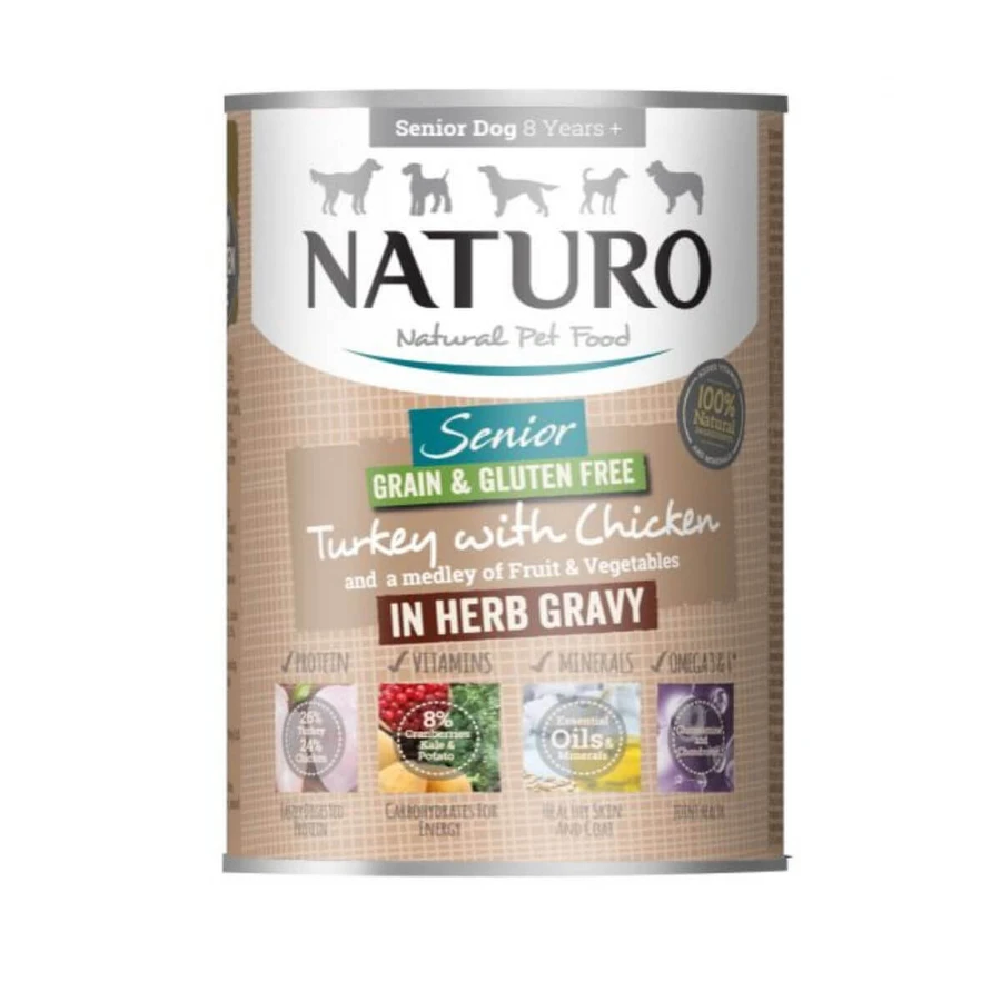 NATURO Graanvrij, XS-L, Kalkoen en Kip, nat hondenvoer in blik (in jus), 390g