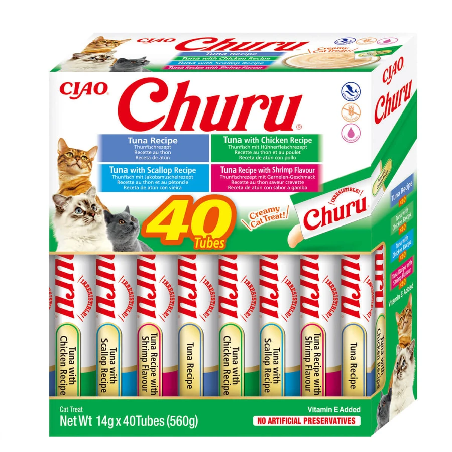 INABA Churu Churu Creamy Varieties, Thunfisch und Meeresfrüchte, getreidefreie Katzenbelohnungsbox, (Püree), 560g