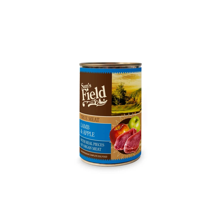 SAM'S FIELD True Meat, XS-XL, Agnello e Mela, cibo umido in scatola senza cereali per cani, (in aspic), 400g